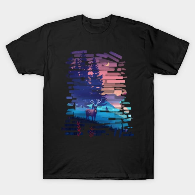 Twilight Stag in a Forest T-Shirt by Milmino